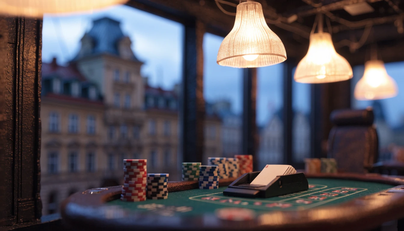 Eleganckie studio kasyna na żywo w Warszawie ze stołem do blackjacka i widokiem na miasto.