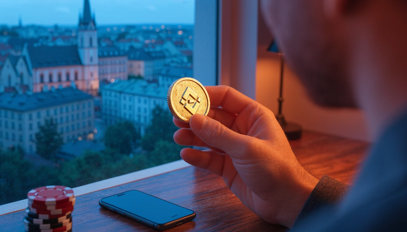 Złota moneta Binance trzymana nad stołem z żetonami kasynowymi, wieczorny widok na Kraków w tle