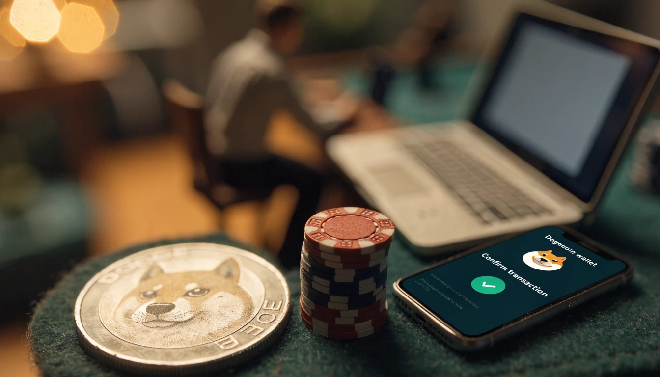 Moneta Dogecoin na zielonym suknie kasynowym obok żetonów pokerowych