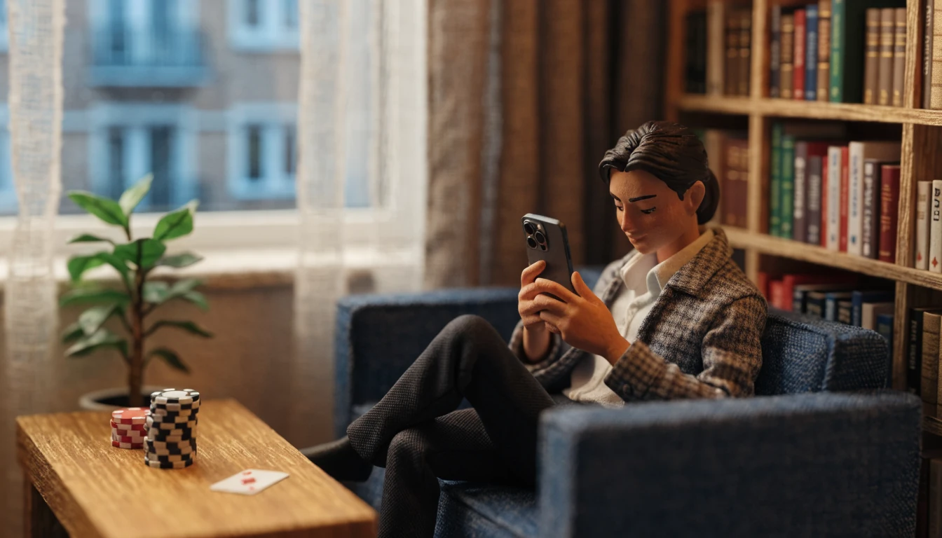 Osoba trzymająca iPhone na kanapie w nowoczesnym polskim mieszkaniu, obok żetony i karta.