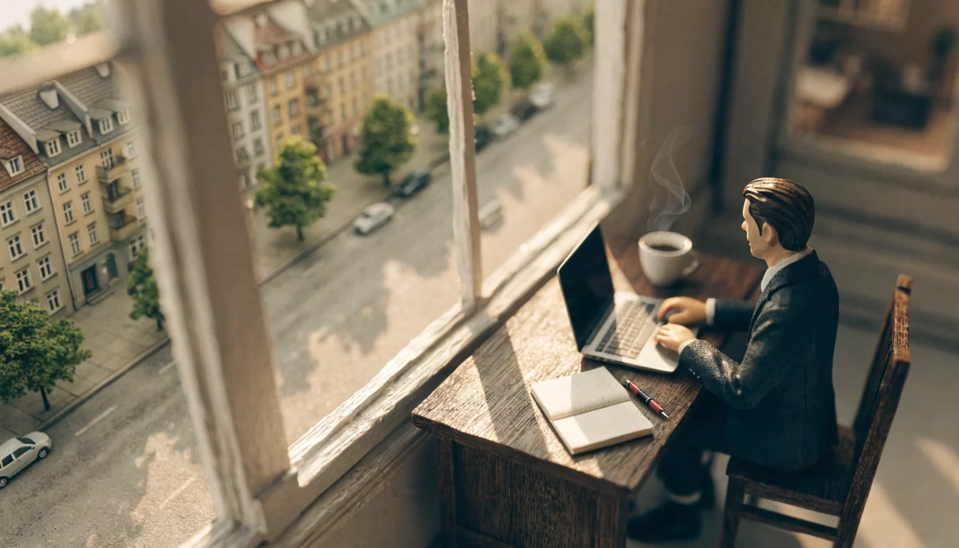 Redaktor przy biurku w warszawskim mieszkaniu pisze na laptopie